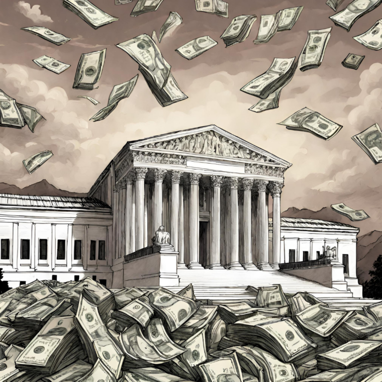 The US Supreme Court Building sourrounded by money.